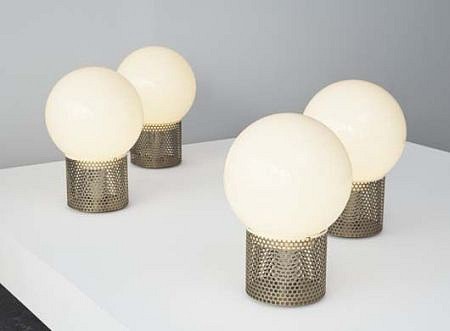Michel Boyer, Set of four "Boule" lamps
1972, Opaque glass, perforated metal, metal, chrome-plated metal, plastic