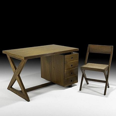 Pierre Jeanneret, Chandigarh desk and chair
1960's, Teak, cane, upholstery, brass; Unmarked