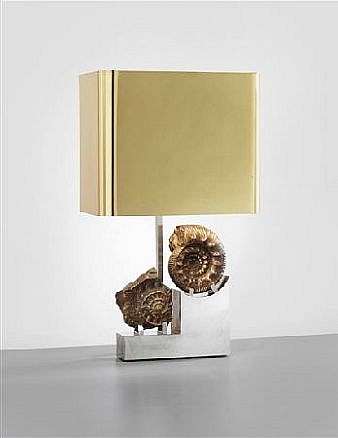 Maria Pergay, Rare 'Fossil' table lamp, designed for Claude de Muzac
1975, Brass, aluminum, gilded ammonite fossils