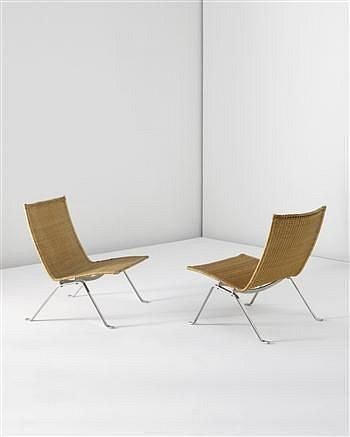 Poul Kjaerholm, Pair of low chairs
1956, Cane, matte chrome-plated steel