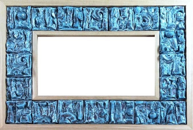Peter Lane, Framed Bas Relief Tile Mirror
2013, handmade stoneware relief tiles, sandblasted oak stained frame, beveled mirror