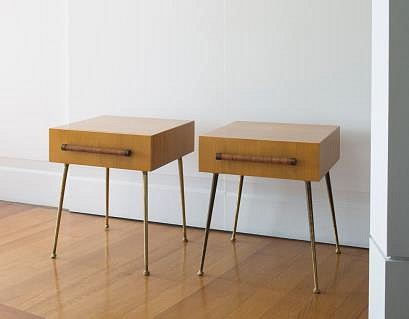 T.H. Robsjohn-Gibbings, Pair of Nightstands
1950s, bleached walnut-veenered wood, cane, brass